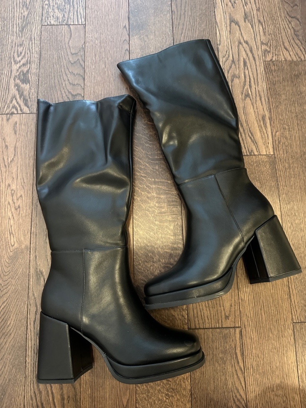 Cellenz Knee High Chunky Heel Square Toe Faux Leather Boots